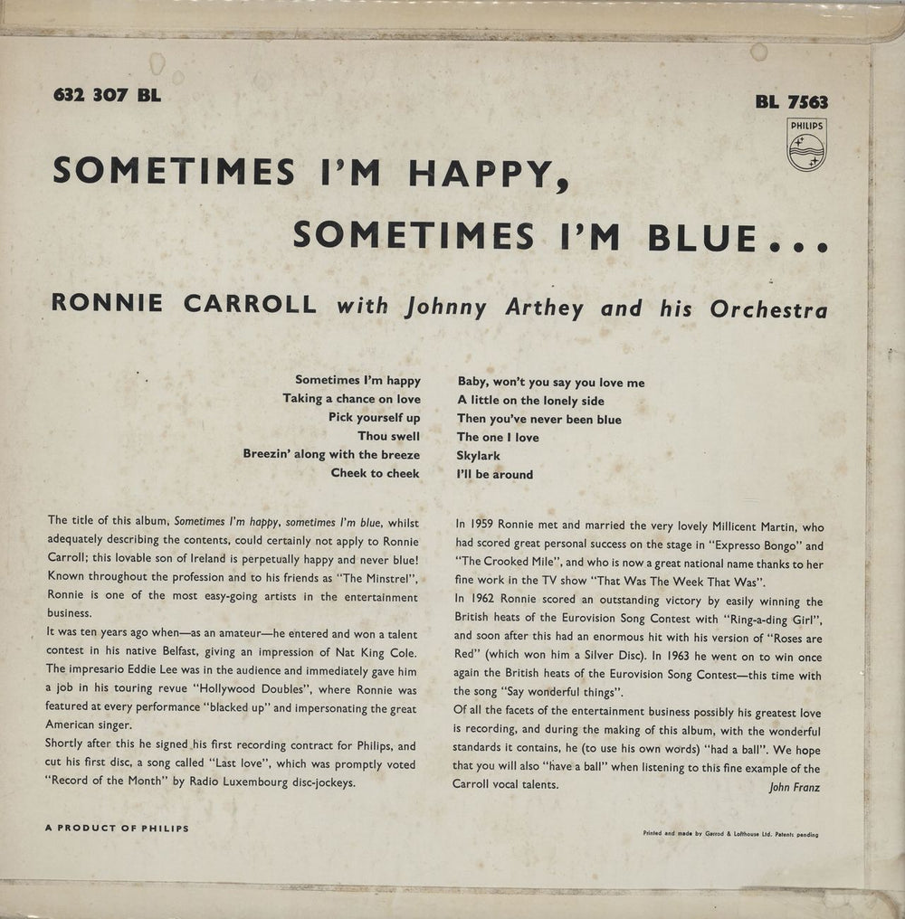 Ronnie Carroll Sometimes I'm Happy, Sometimes I'm Blue UK vinyl LP album (LP record)