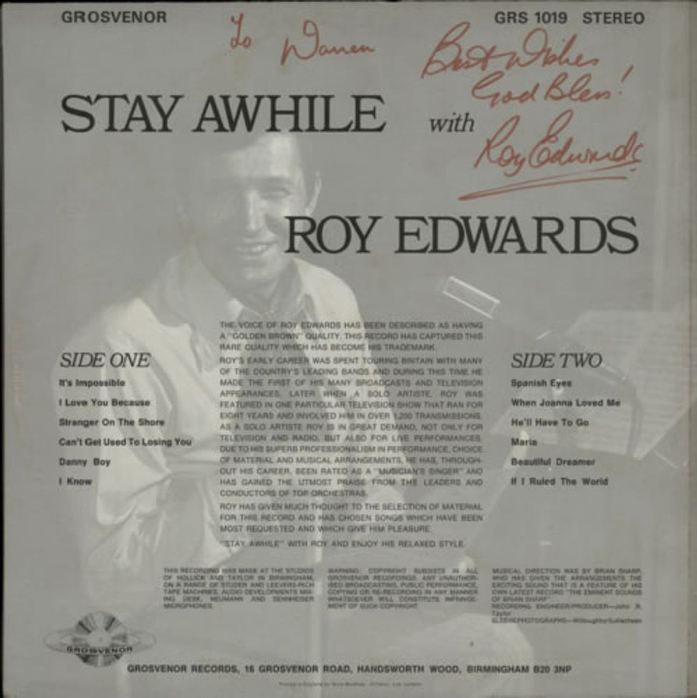 Roy Edwards Stay Awhile - Autographed UK vinyl LP album (LP record) R-1LPST608103