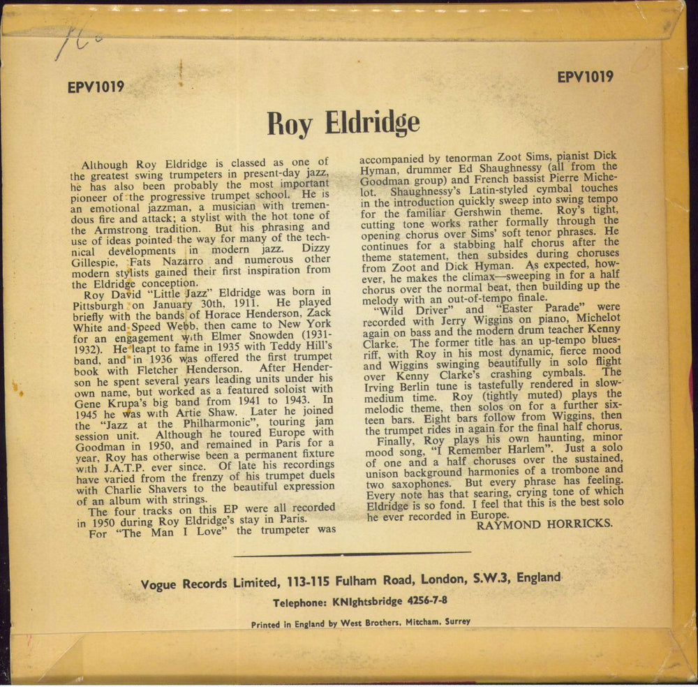 Roy Eldridge Roy Eldridge And His Little Jazz UK 7" vinyl single (7 inch record / 45)