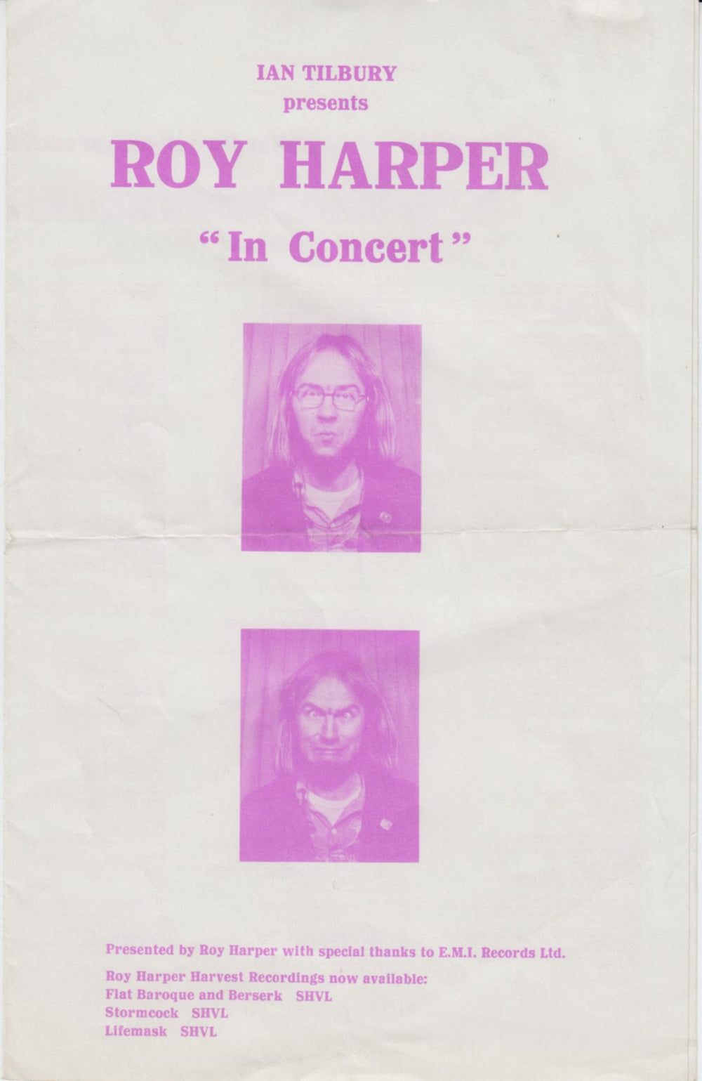 Roy Harper In Concert  - At Warwick University, October 4th, 1973 UK Promo tour programme CONCERT PROGRAMME