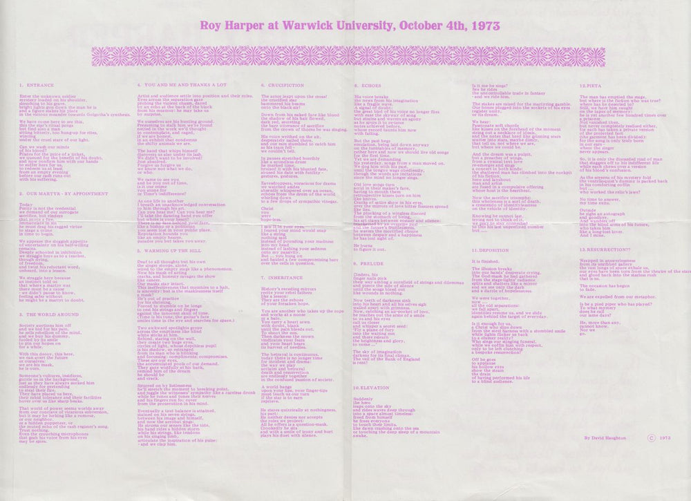 Roy Harper In Concert  - At Warwick University, October 4th, 1973 UK Promo tour programme ROYTRIN651653