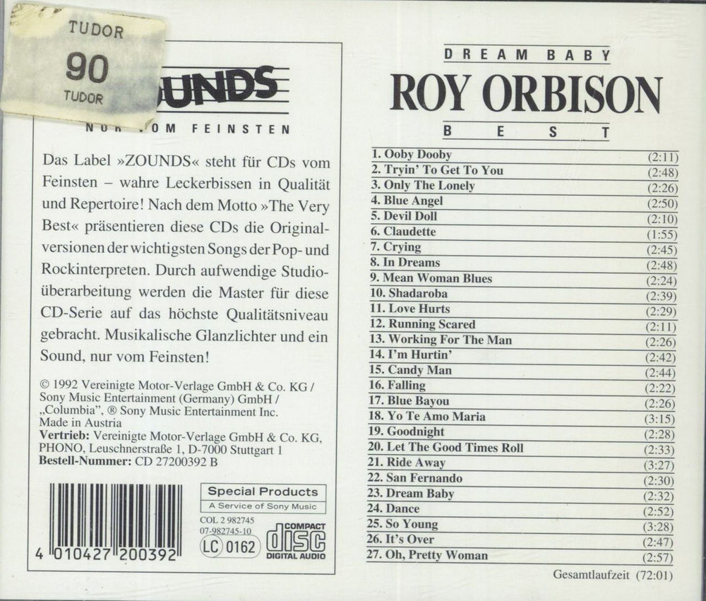 Roy Orbison Dream Baby - Best German CD album (CDLP) 4010427200392