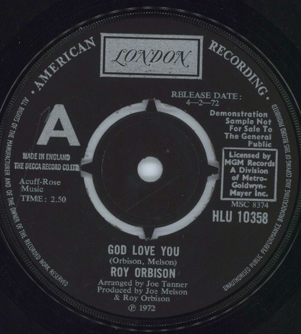 Roy Orbison God Love You UK Promo 7" vinyl single (7 inch record / 45) HLU10358