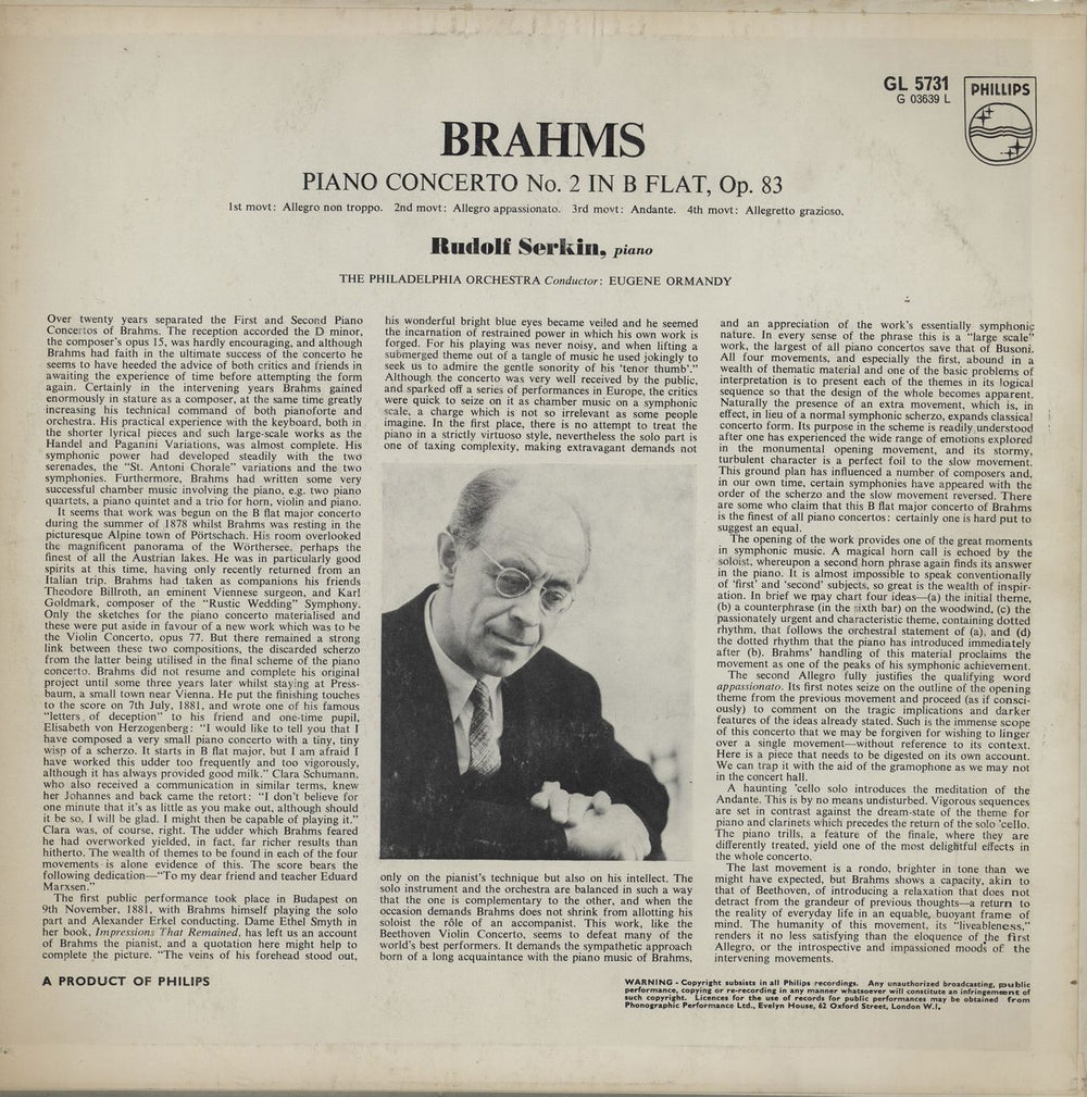 Rudolf Serkin Brahms: Piano Concerto No. 2 in B Flat, Op.83 UK vinyl LP album (LP record)