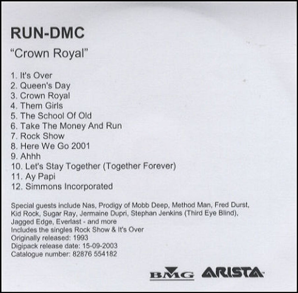 Run DMC Crown Royal UK Promo CD-R acetate CD-R ACETATE