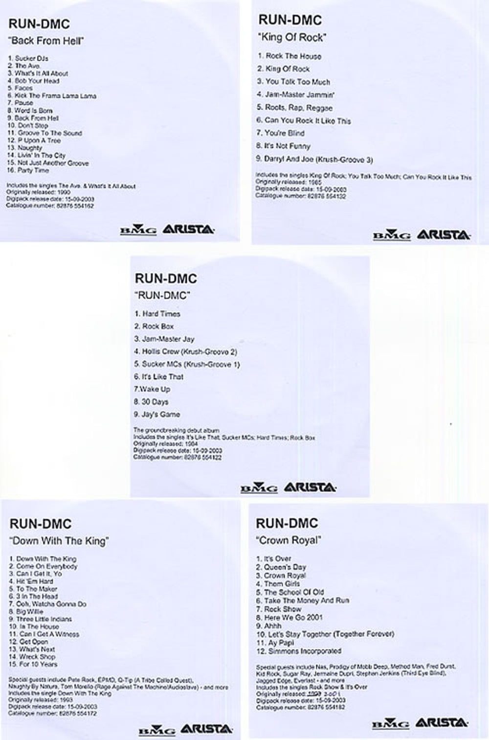 Run DMC Set of 5 Albums UK CD-R acetate CD-R ACETATES