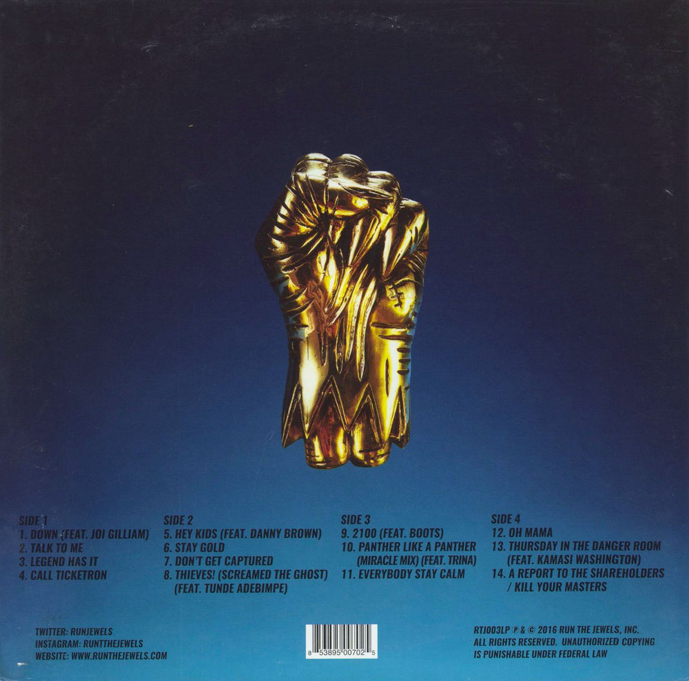 Run The Jewels Run The Jewels 3 - Gold Vinyl US 2-LP vinyl record set (Double LP Album) 853895007025