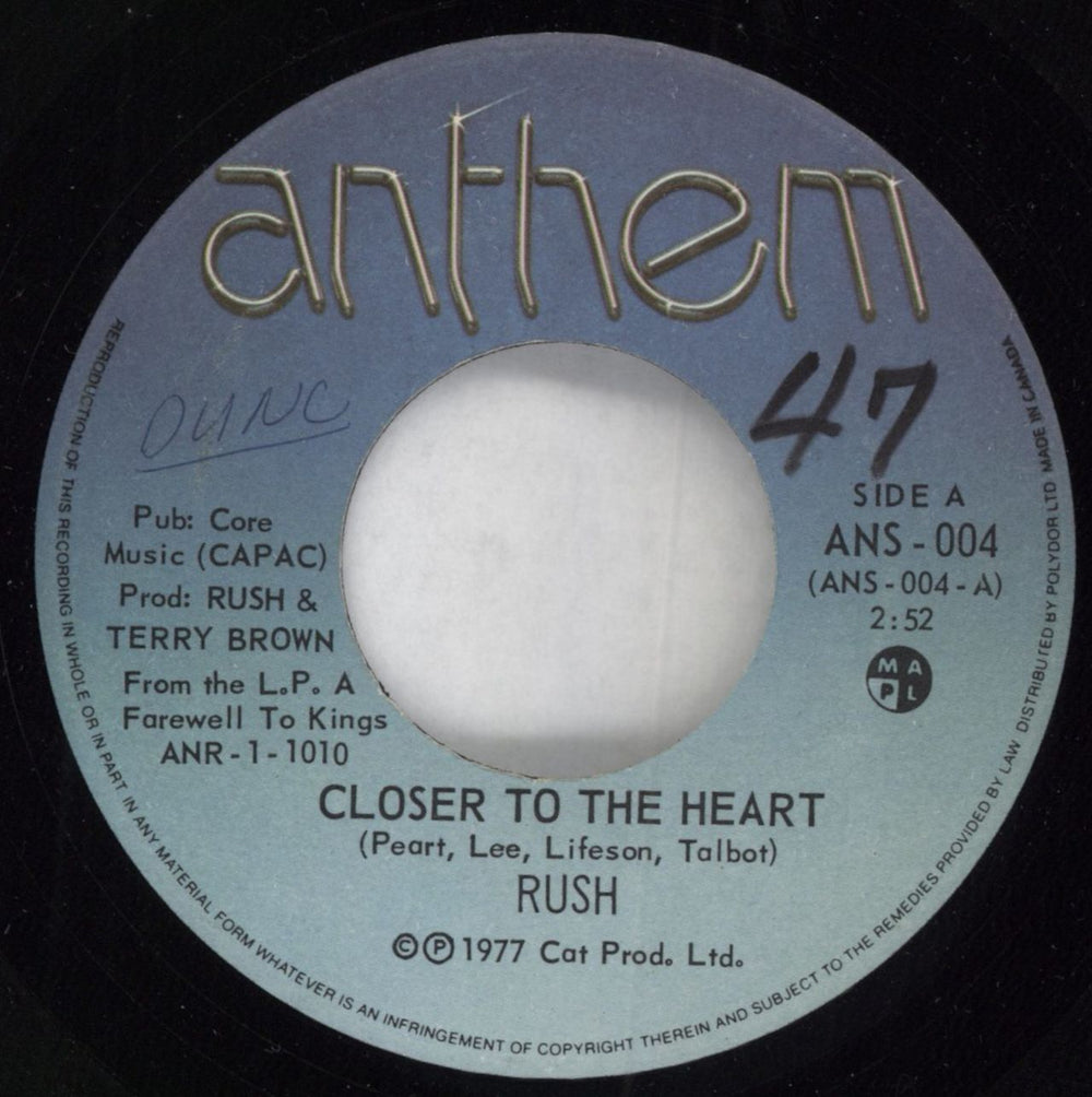 Rush Closer To The Heart Canadian 7" vinyl single (7 inch record / 45) ANS-004