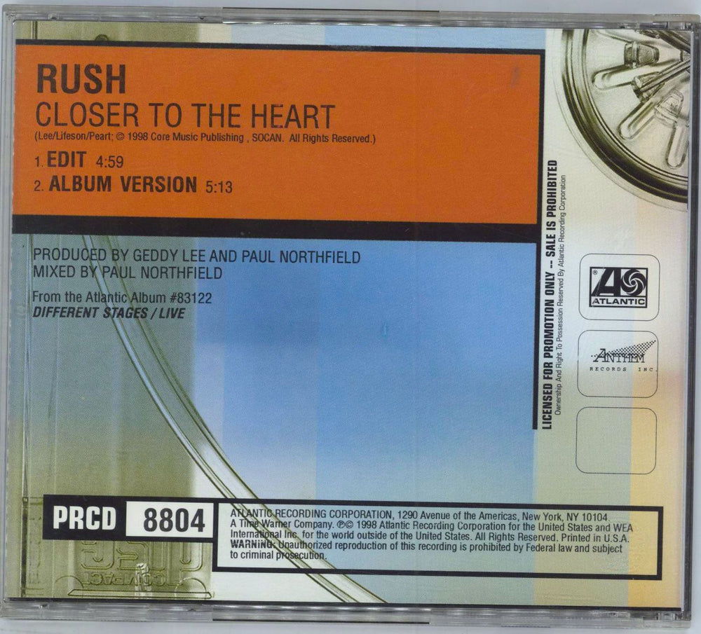 Rush Closer To The Heart US Promo CD single (CD5 / 5")