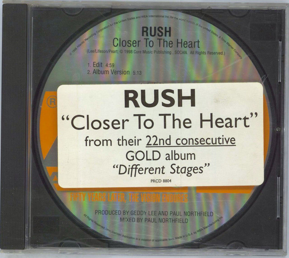 Rush Closer To The Heart US Promo CD single (CD5 / 5") PRCD-8804