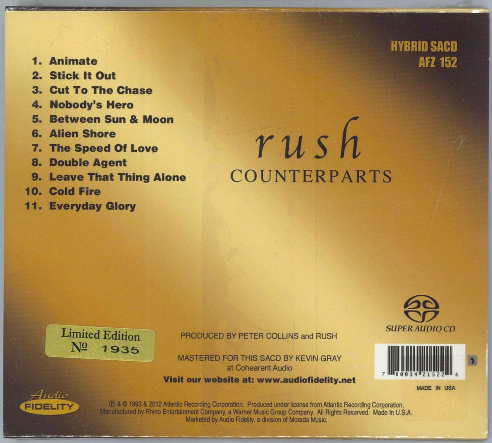 Rush Counterparts: Remastered + Die-Cut Slipcase - Sealed US super audio CD SACD 780014215224