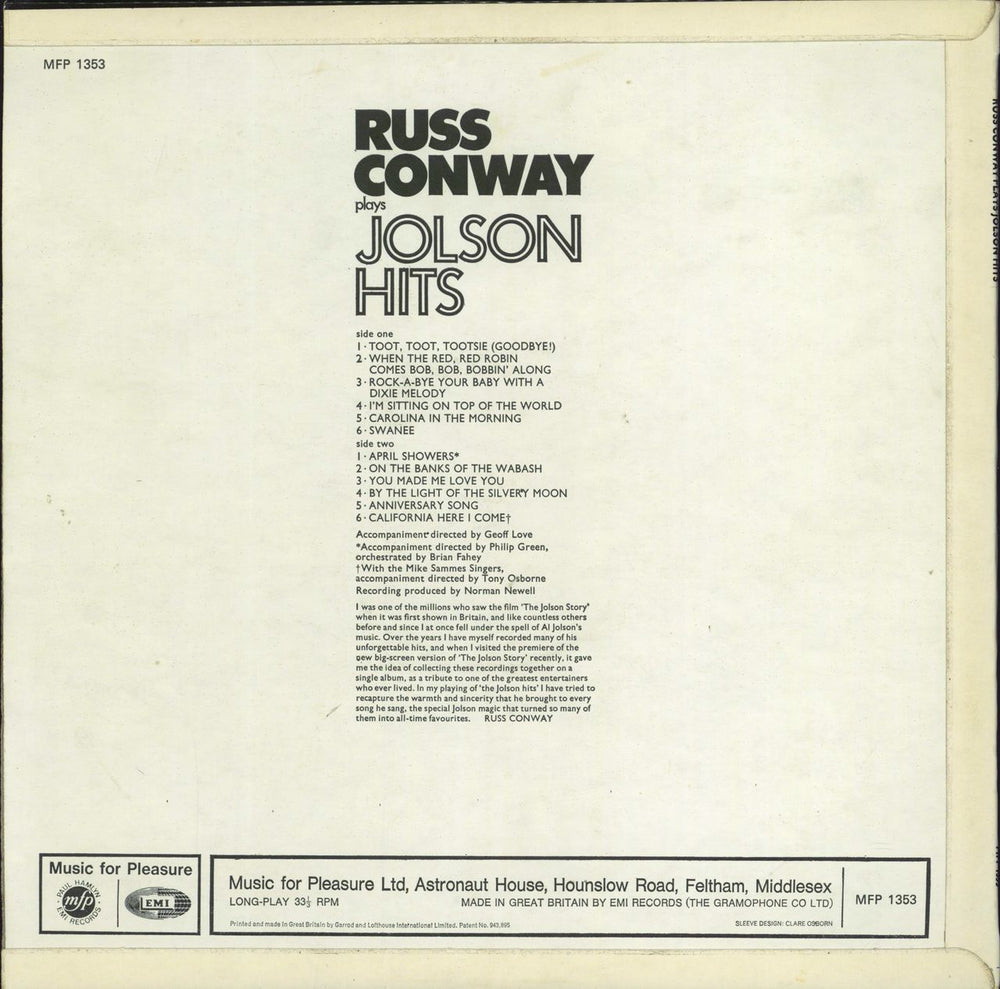 Russ Conway Plays Jolson Hits UK vinyl LP album (LP record)