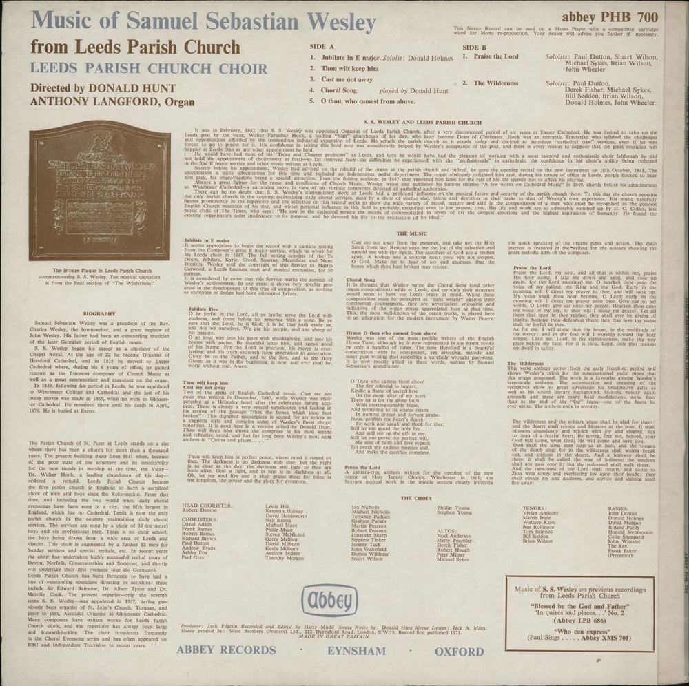 S. S. Wesley Music Of S. S. Wesley From Leeds Parish Church UK vinyl LP album (LP record)