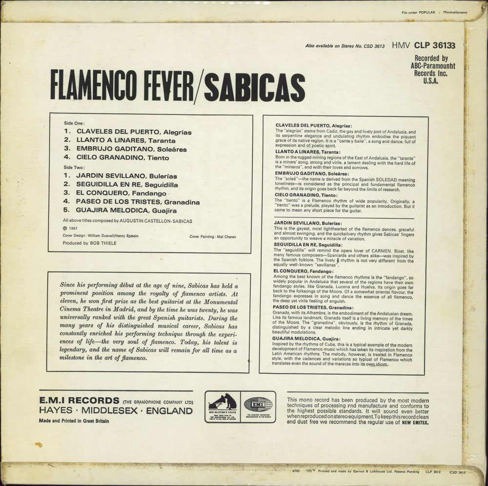 Sabicas Flamenco Fever UK vinyl LP album (LP record)