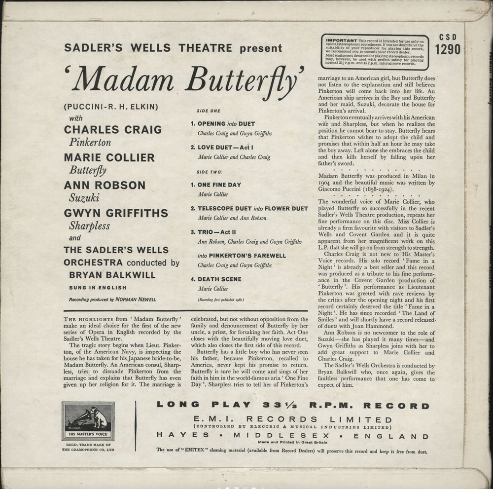 Sadler's Wells Theatre Madam Butterfly UK vinyl LP album (LP record)