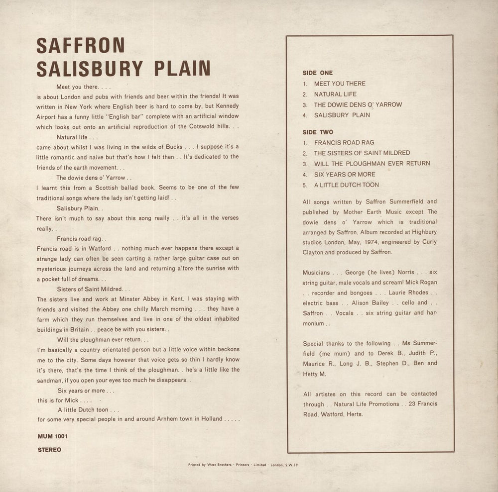 Saffron (Folk) Salisbury Plain UK vinyl LP album (LP record)