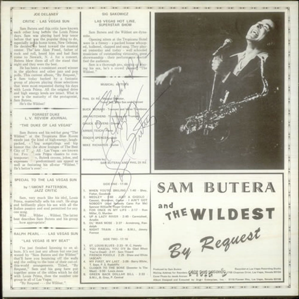 Sam Butera By Request - Autographed US vinyl LP album (LP record) UD4LPBY548188