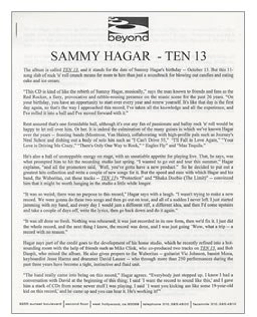 Sammy Hagar Ten 13 US Promo media press pack HGAPPTE173927