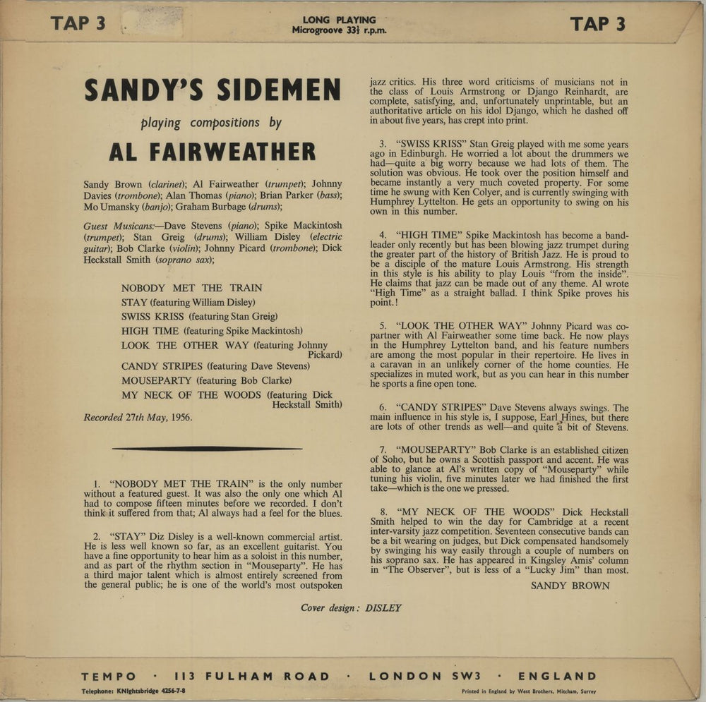 Sandy Brown Sandy's Sidemen Playing Compositions By Al Fairweather UK vinyl LP album (LP record) S43LPSA675582