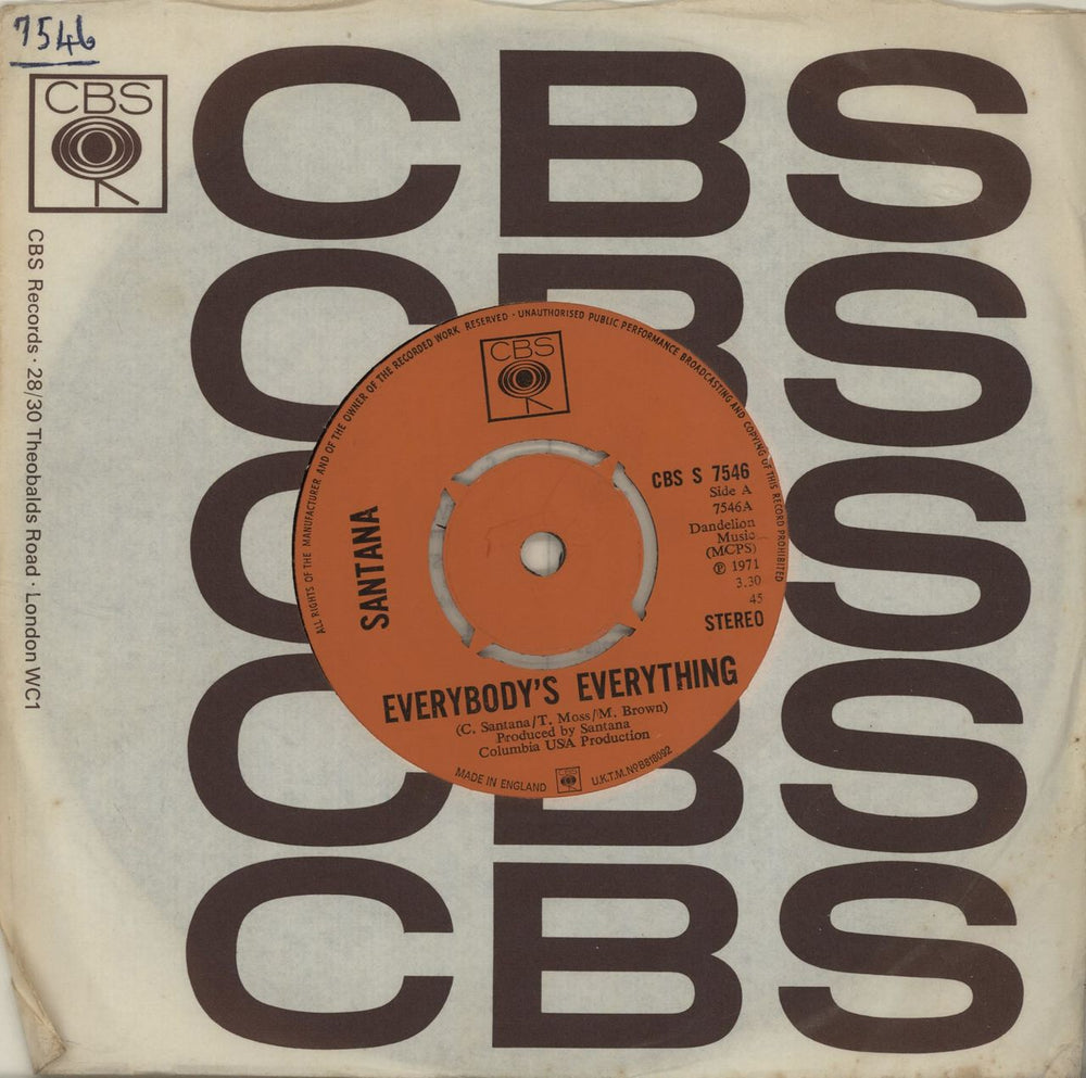 Santana Everybody's Everything UK 7" vinyl single (7 inch record / 45) CBSS7546