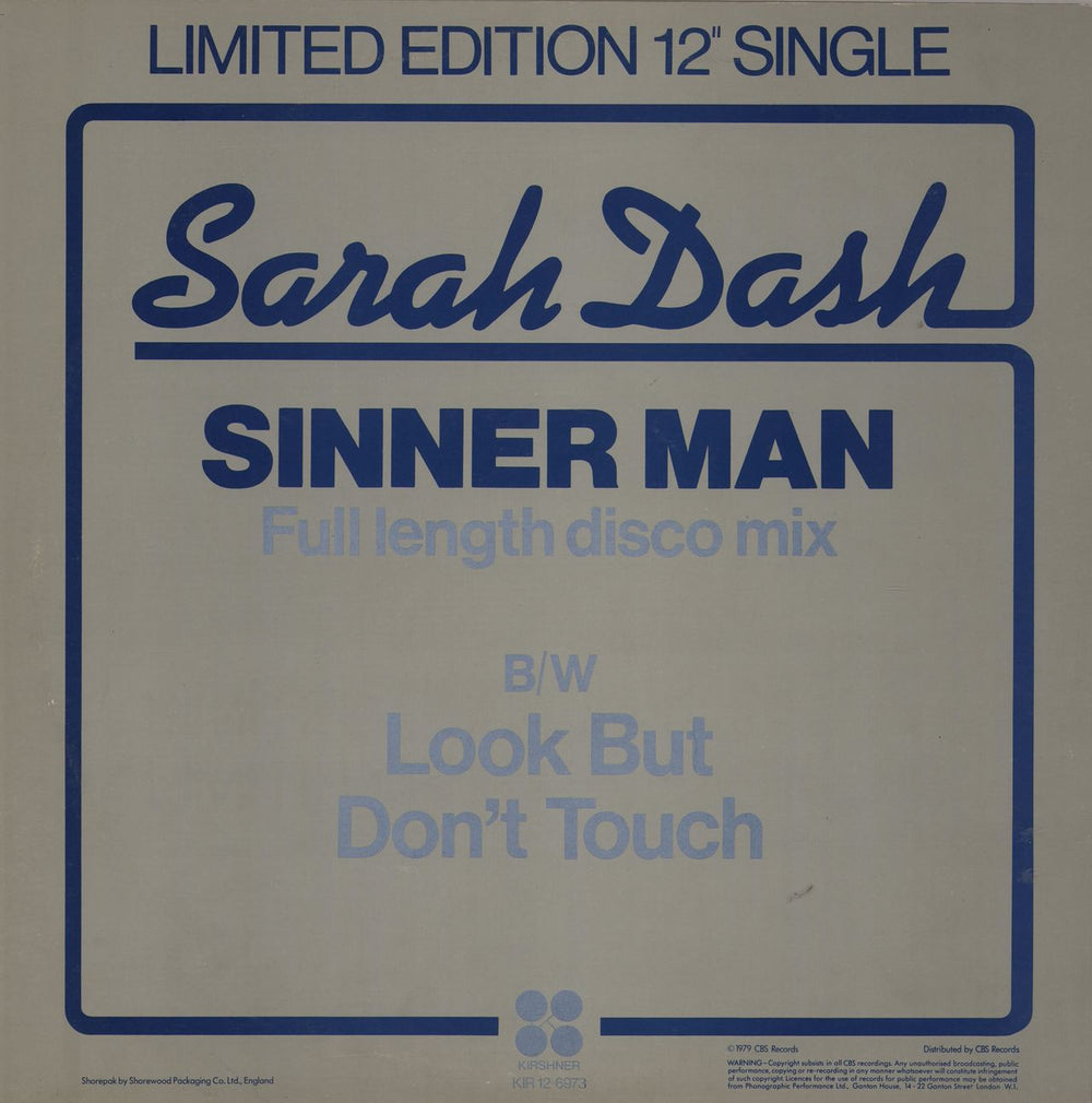 Sarah Dash Sinner Man UK 12" vinyl single (12 inch record / Maxi-single)