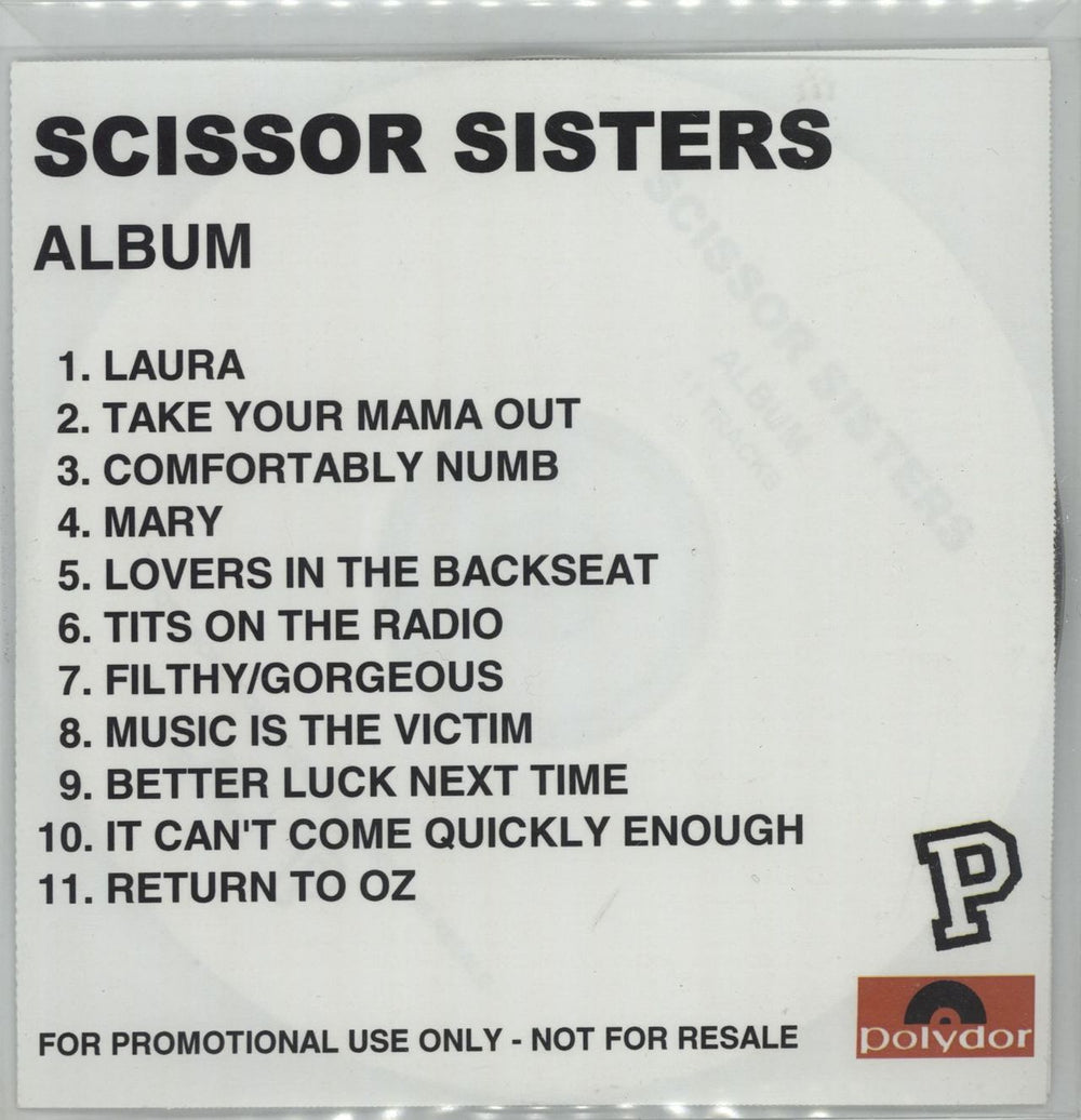 Scissor Sisters Scissor Sisters UK Promo CD-R acetate CD-R