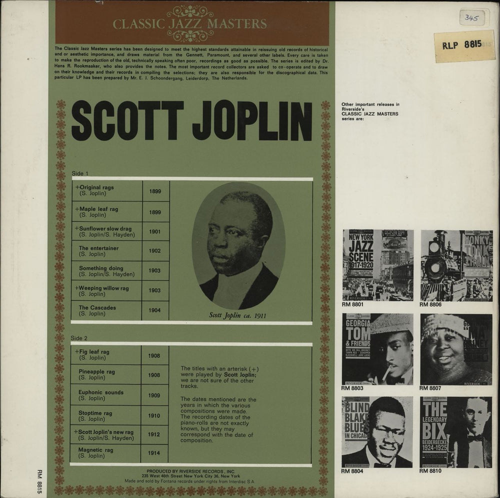 Scott Joplin Ragtime Pioneer 1899 - 1914 UK vinyl LP album (LP record)