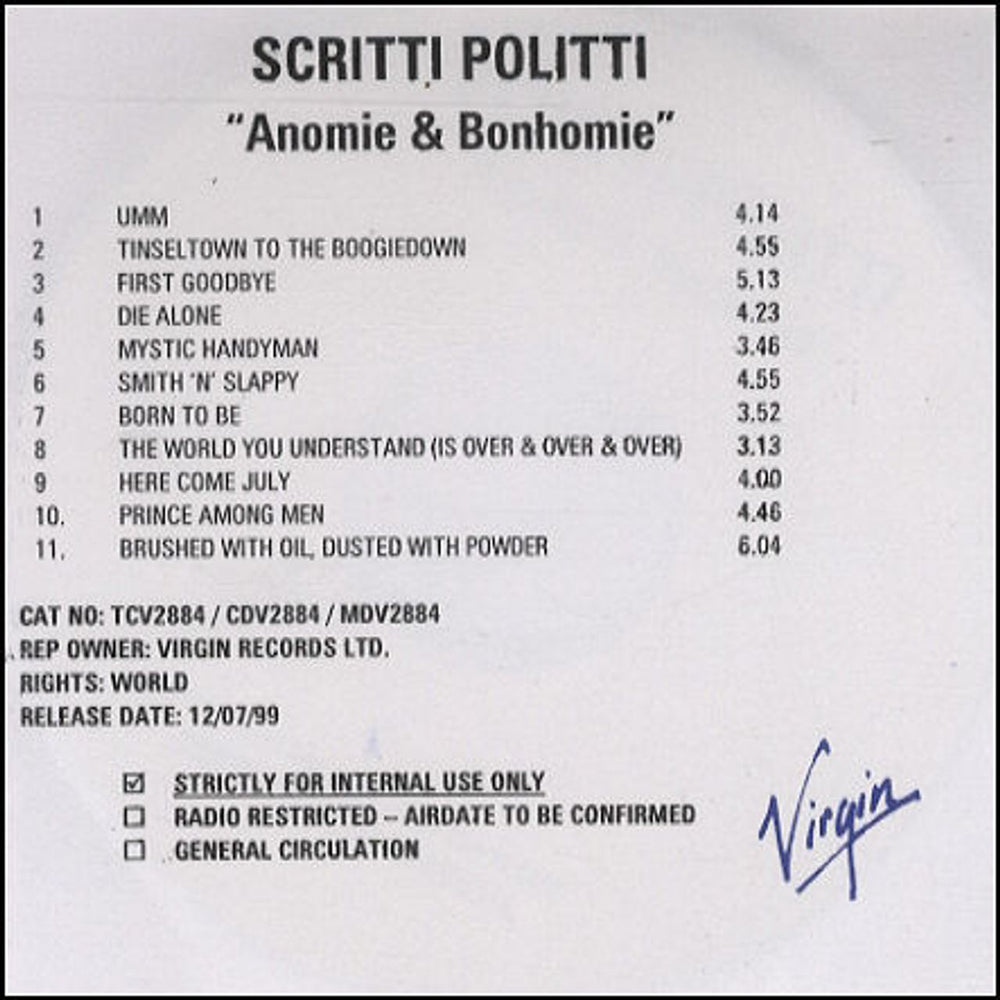 Scritti Politti Anomie & Bonhomie UK Promo CD-R acetate CD ACETATE