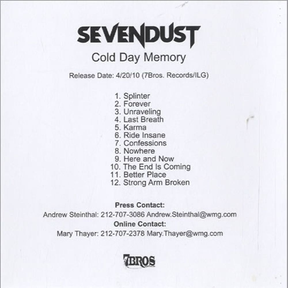 Sevendust Cold Day Memory US Promo CD-R acetate CD-R ACETATE