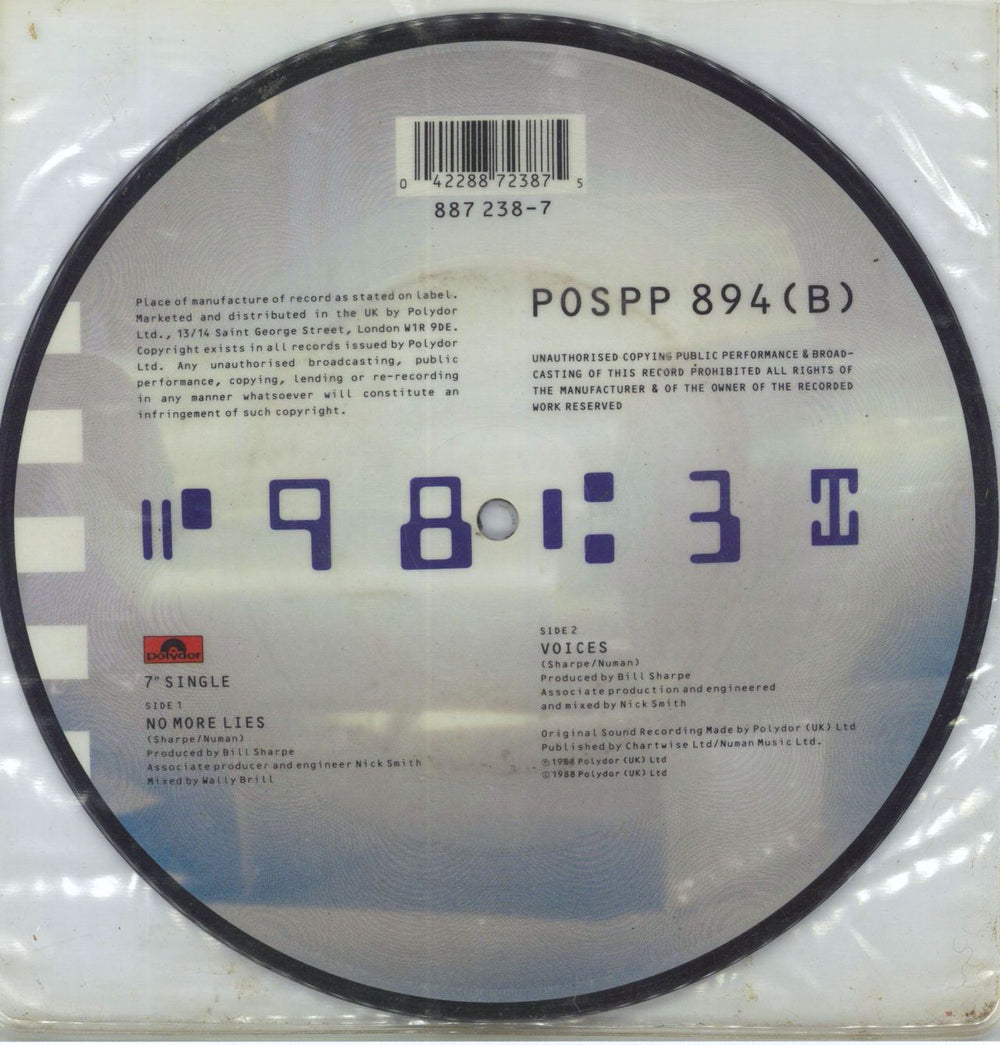 Sharpe & Numan No More Lies UK 7" vinyl picture disc (7 inch picture disc single) 042288723875