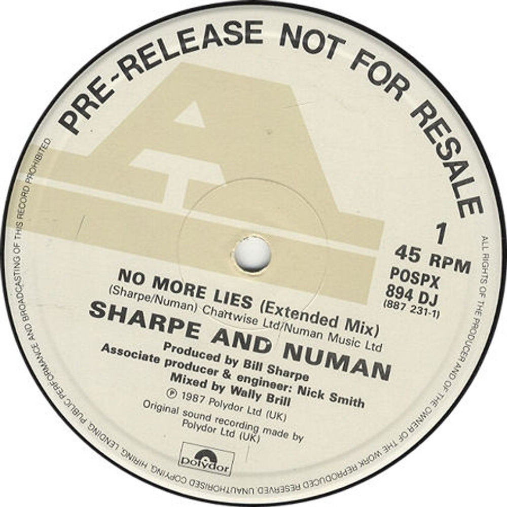 Sharpe & Numan No More Lies UK Promo 12" vinyl single (12 inch record / Maxi-single) POSPX894DJ