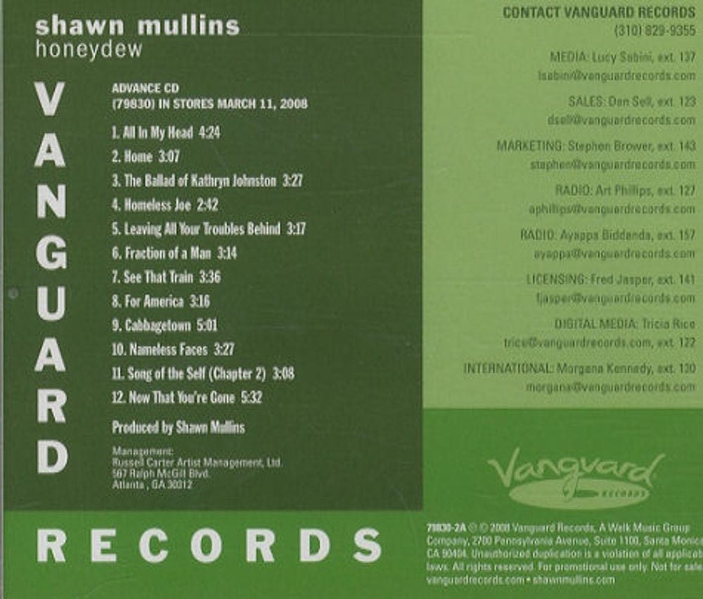 Shawn Mullins Honeydew US Promo CD single (CD5 / 5") 79830-2A