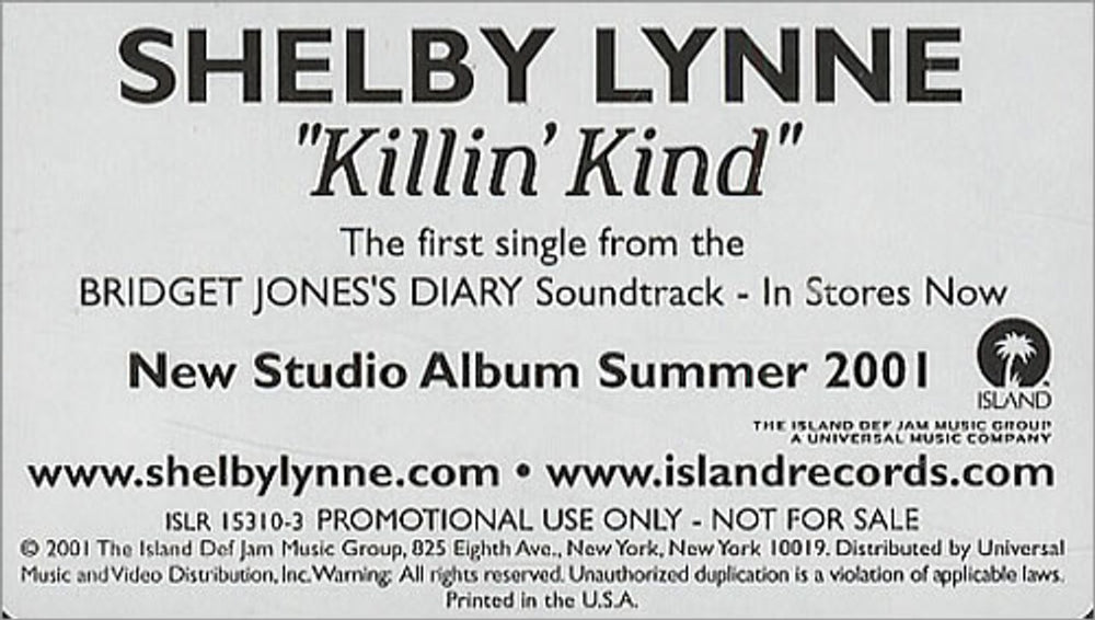 Shelby Lynne Killin' Kind US Promo video (VHS or PAL or NTSC) ISLR-15310-3