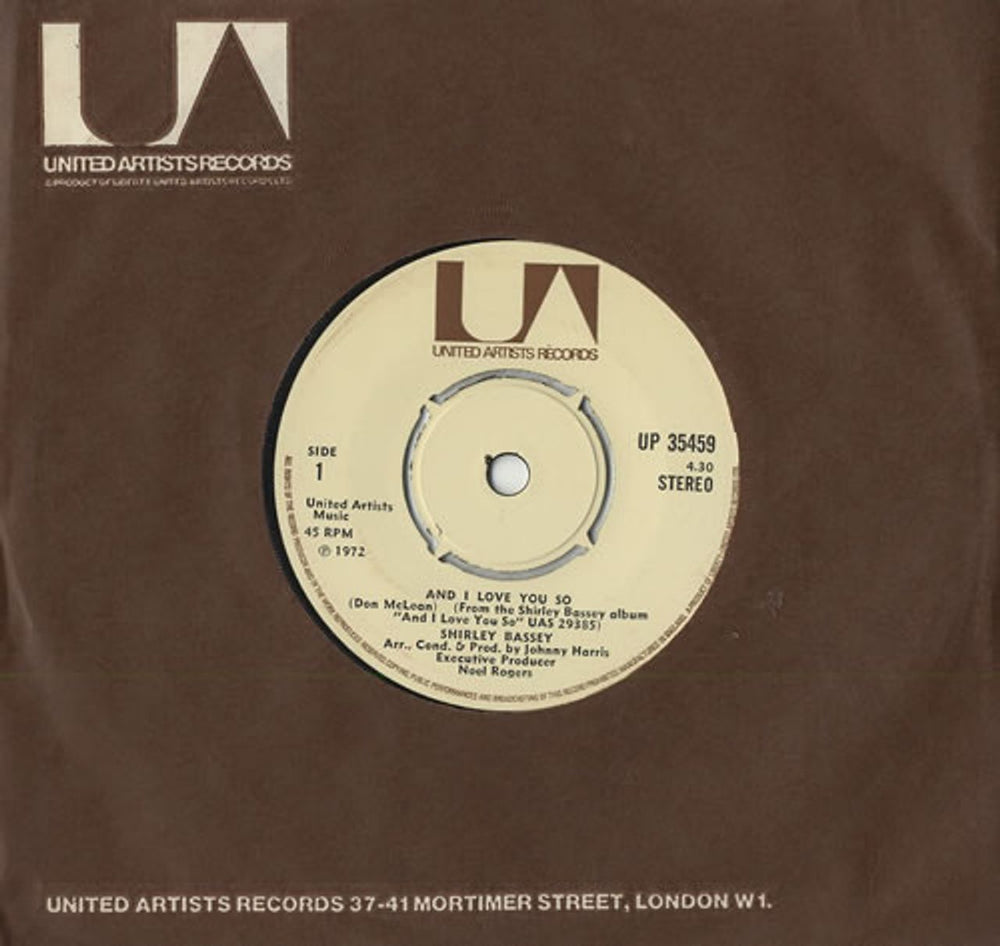 Shirley Bassey And I Love You So UK 7" vinyl single (7 inch record / 45) UP35459