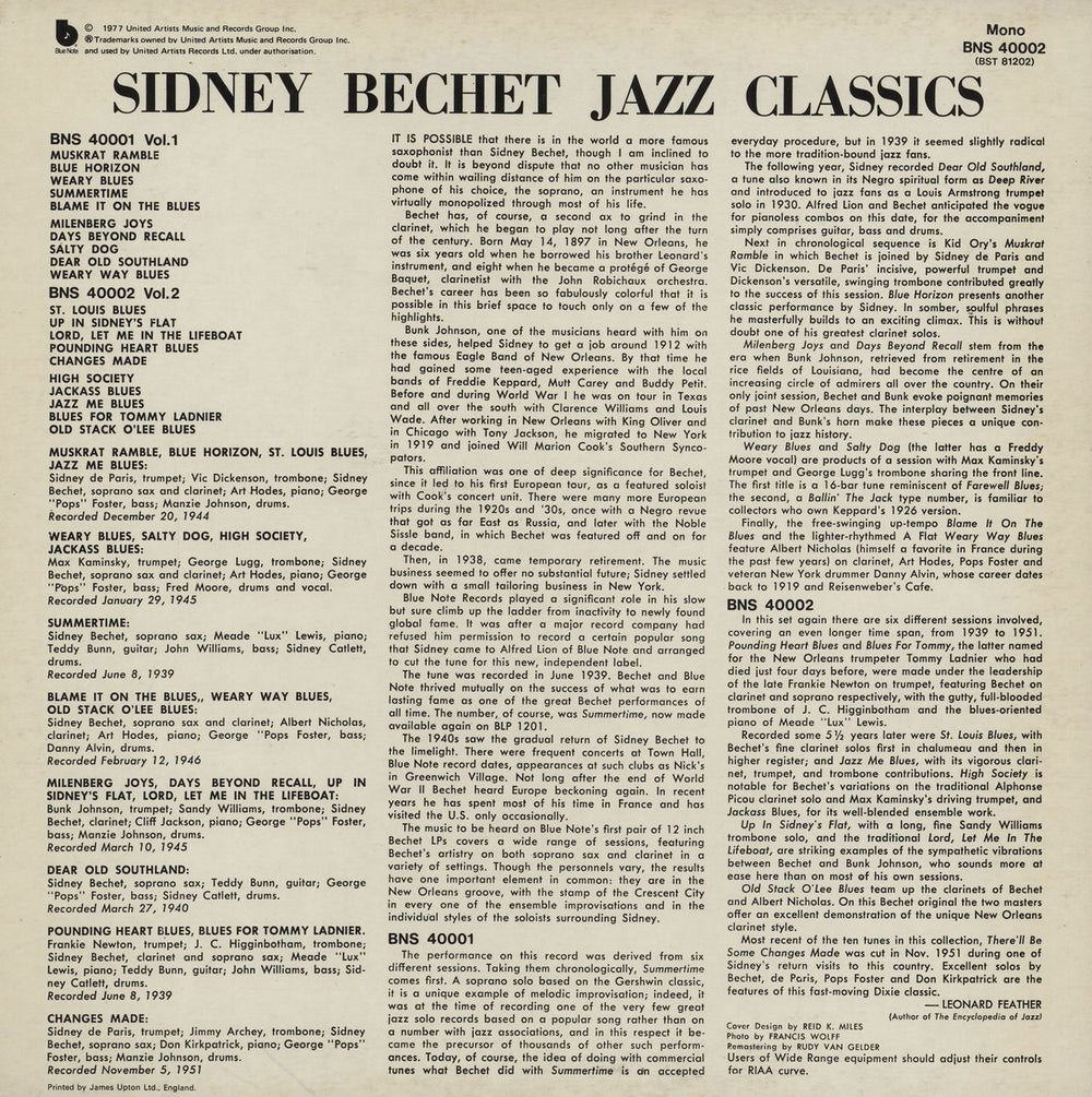 Sidney Bechet Jazz Classics Volume 2 UK vinyl LP album (LP record)