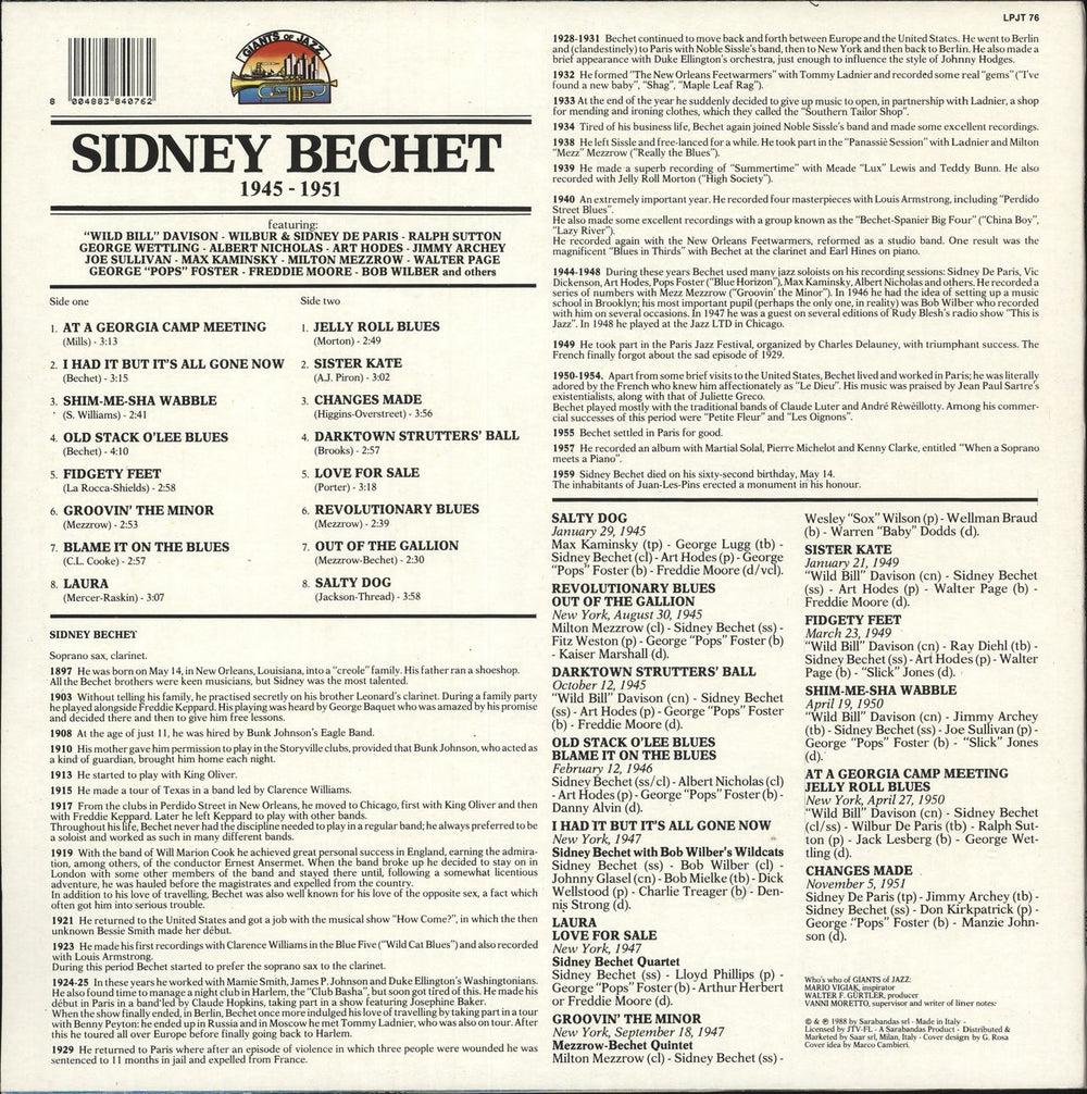 Sidney Bechet Sidney Bechet 1945-1951 Italian vinyl LP album (LP record)