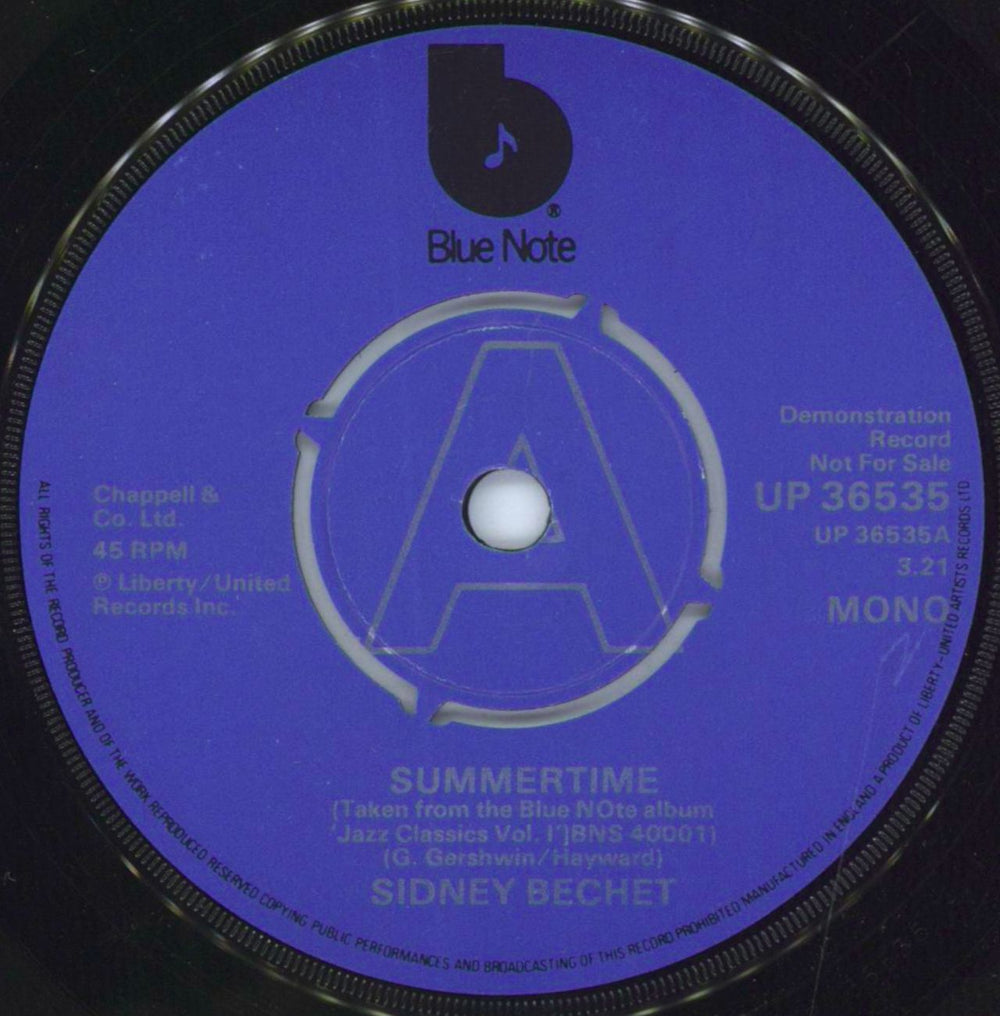 Sidney Bechet Summertime - A Label UK Promo 7" vinyl single (7 inch record / 45) UP36535