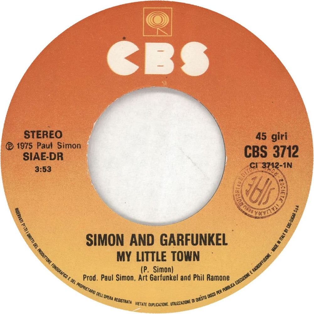 Simon & Garfunkel My Little Town Italian 7" vinyl single (7 inch record / 45) SGF07MY190522