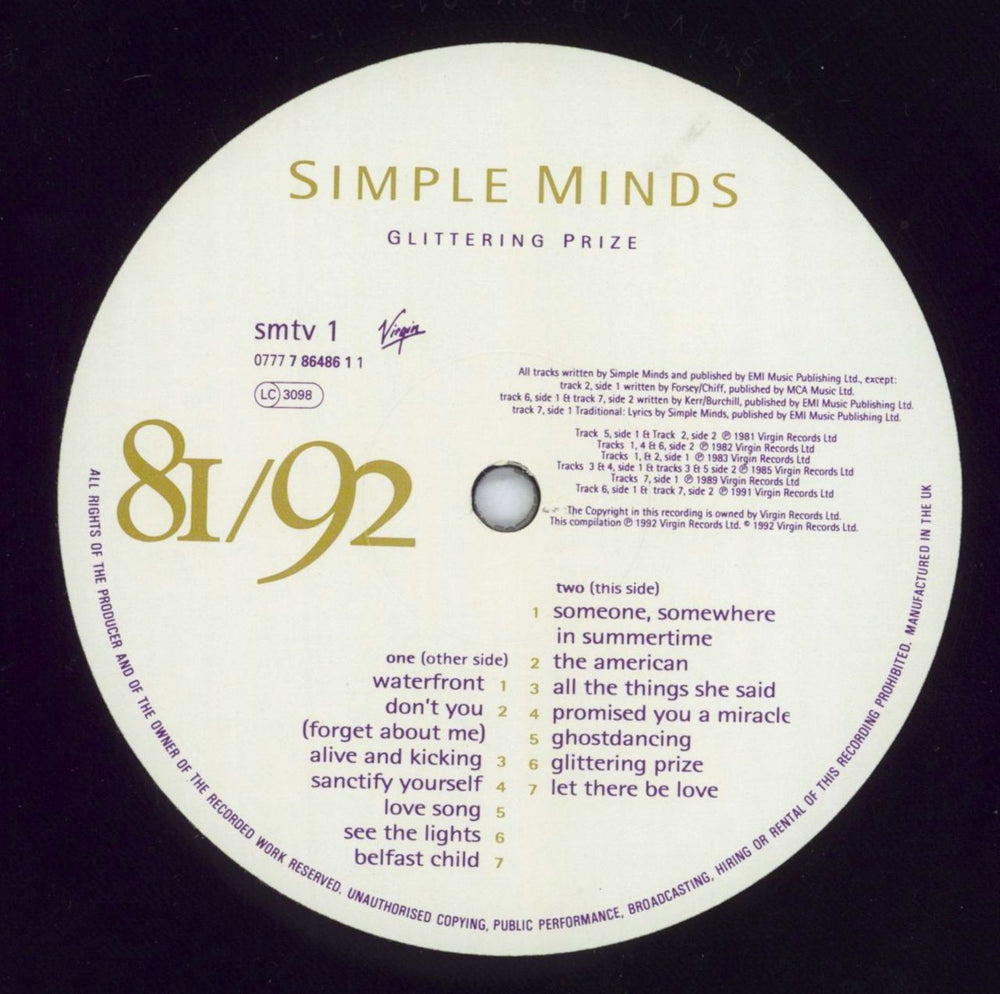 Simple Minds Glittering Prize 81/92 UK vinyl LP album (LP record) SIMLPGL216742