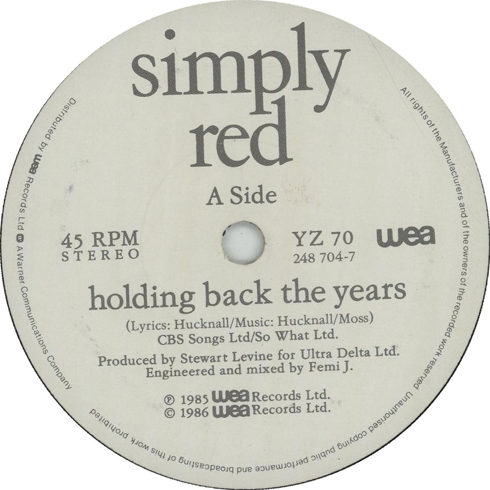 Simply Red Holding Back The Years UK 7" vinyl single (7 inch record / 45) YZ70