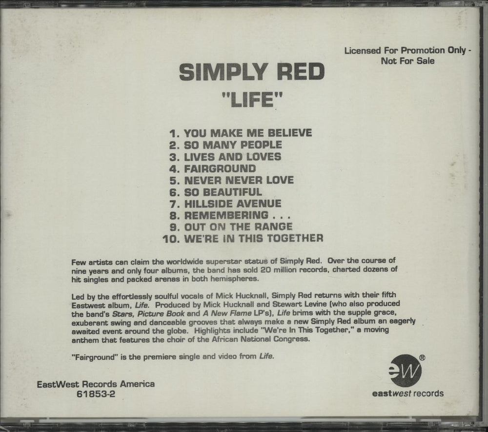 Simply Red Life US Promo CD album (CDLP) REDCDLI72748