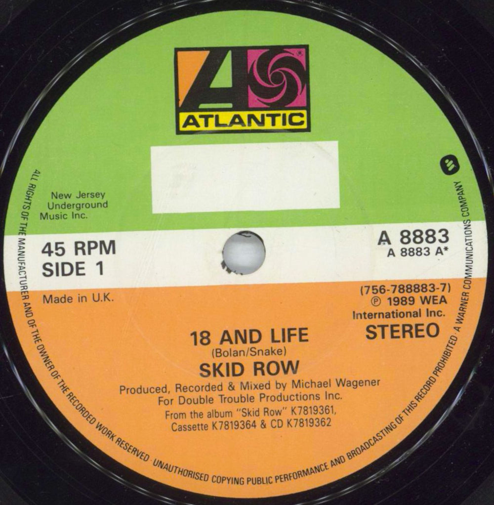 Skid Row (80s) 18 & Life UK 7" vinyl single (7 inch record / 45) SRO07LI825194