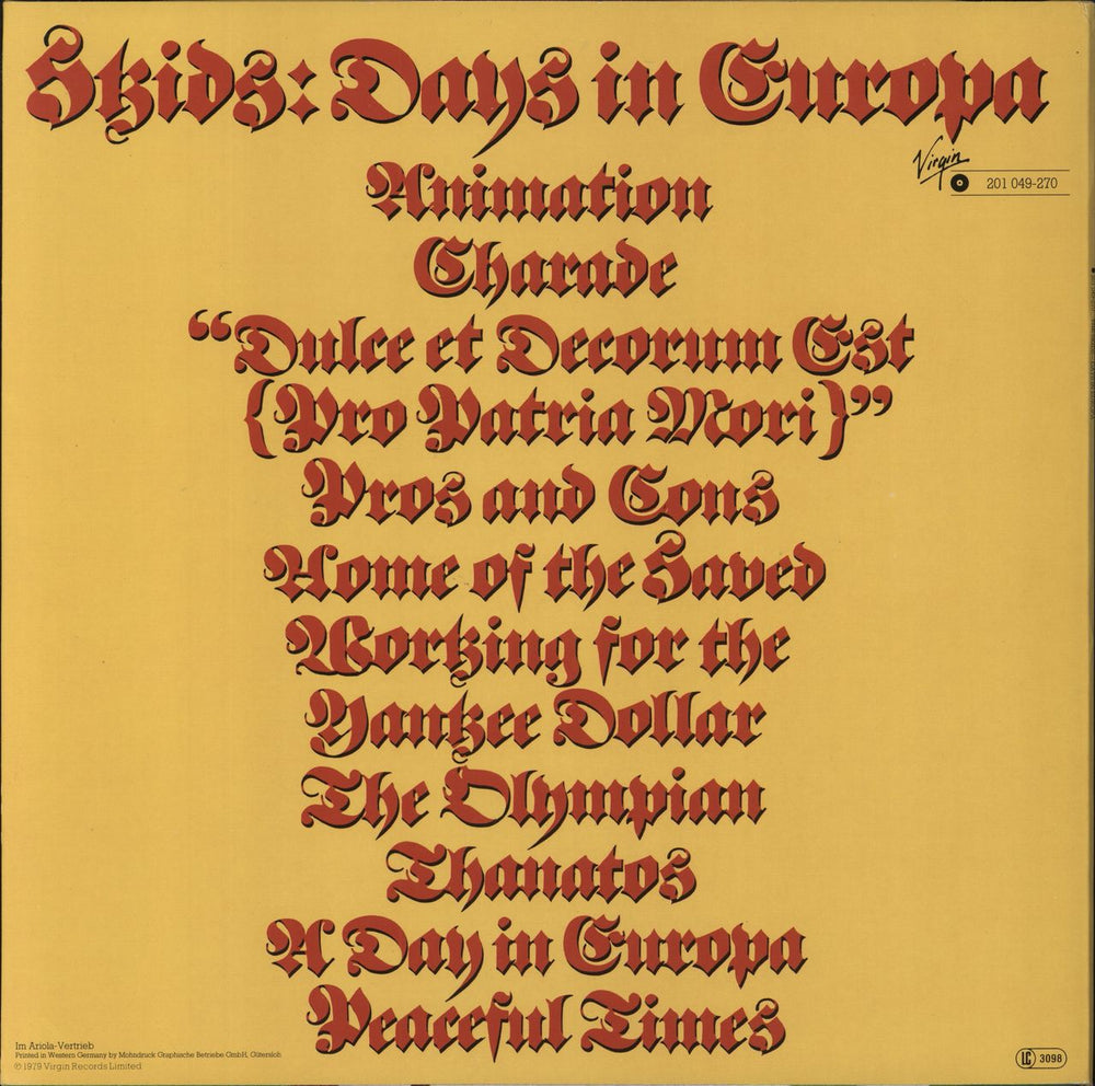 Skids Days In Europa - Withdrawn Sleeve German vinyl LP album (LP record)