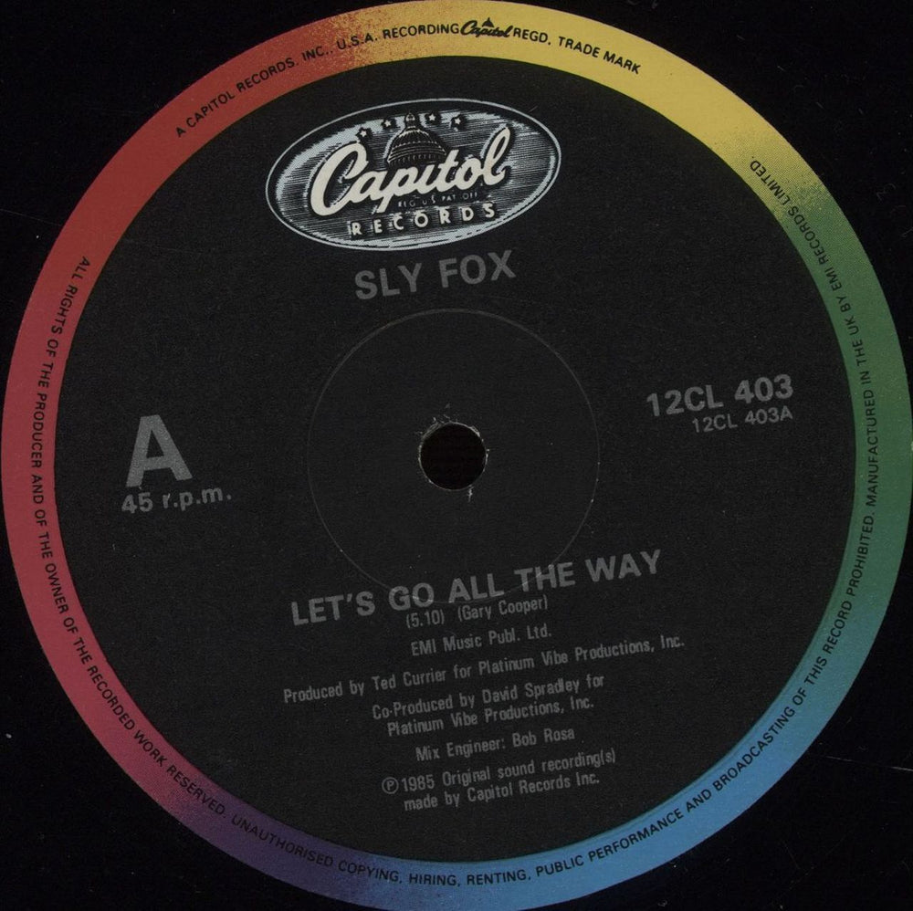 Sly Fox Let's Go All The Way UK 12" vinyl single (12 inch record / Maxi-single) 12CL403