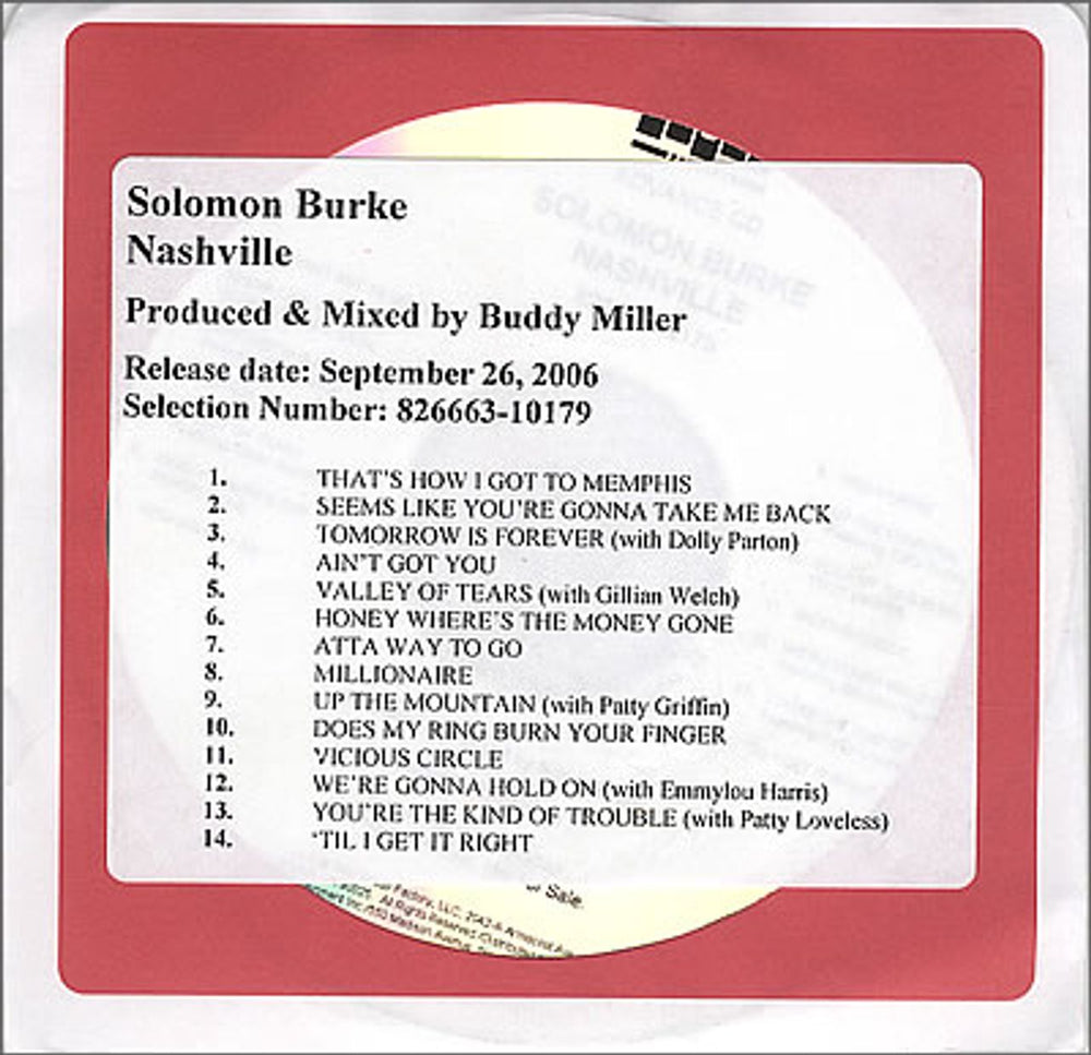 Solomon Burke Nashville - Stickered Sleeve US Promo CD-R acetate CD-R ACETATE