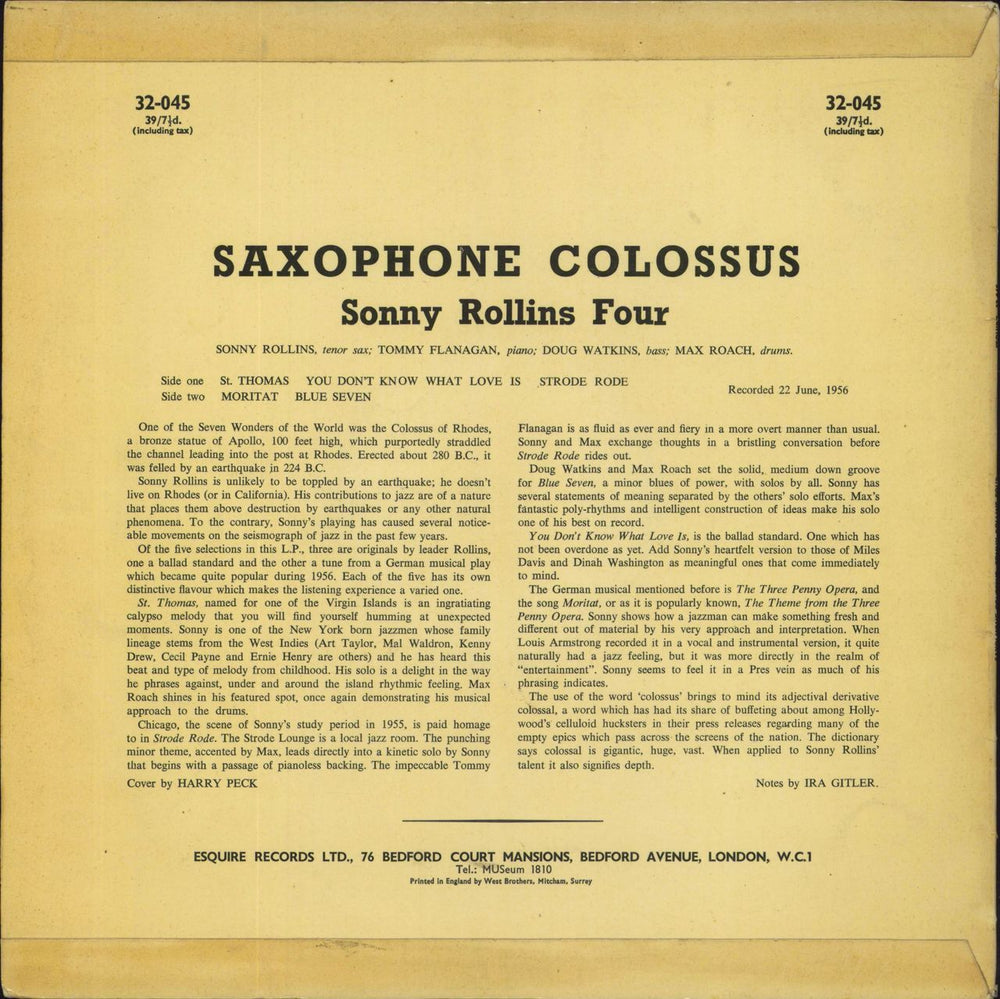 Sonny Rollins Saxophone Colossus - Fully Laminted Sleeve UK vinyl LP album (LP record)