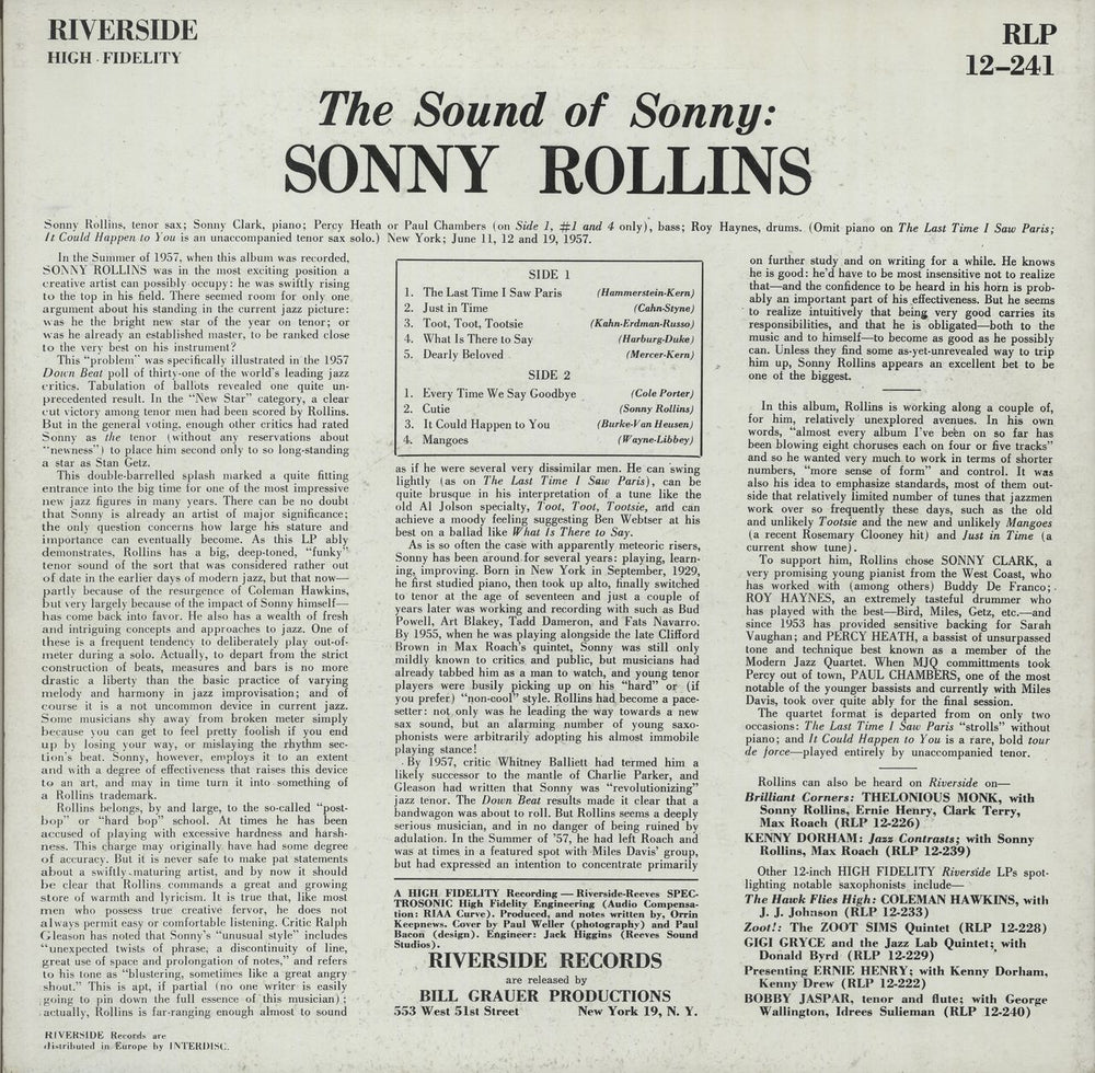 Sonny Rollins The Sound Of Sonny UK vinyl LP album (LP record) SOZLPTH650038