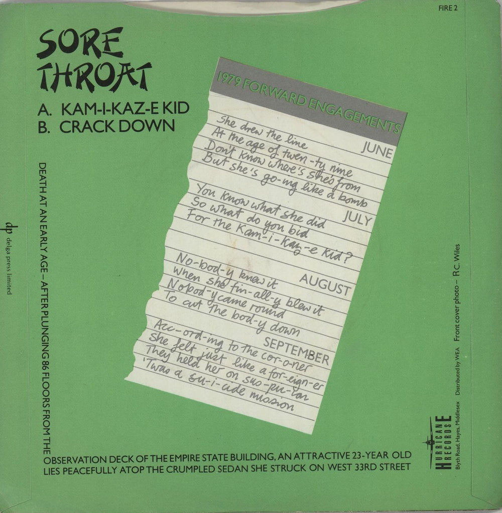 Sore Throat (Power Pop) Kamikaze Kid UK 7" vinyl single (7 inch record / 45) Y1R07KA666518