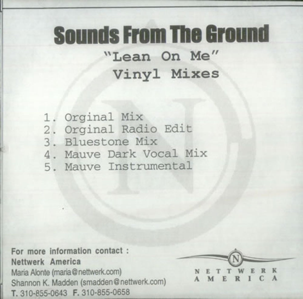 Sounds From The Ground Lean On Me - Vinyl Mixes US Promo CD-R acetate CD-R ACETATE