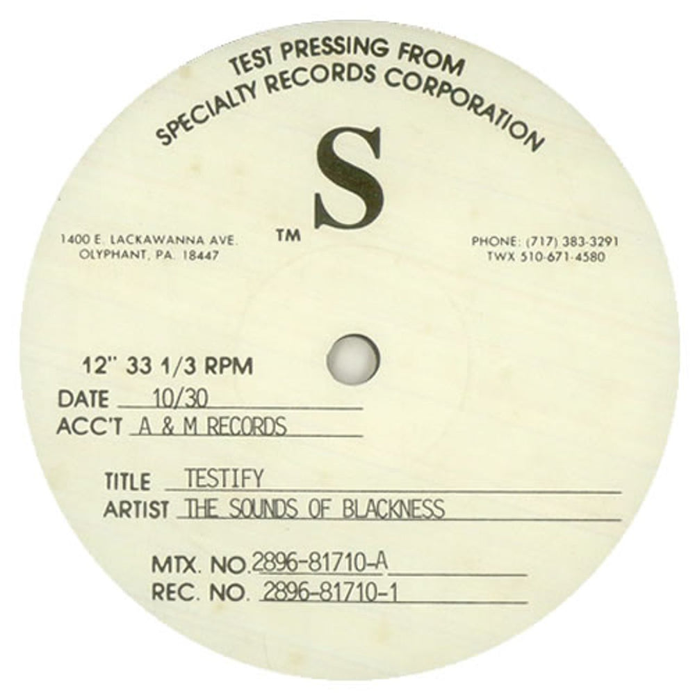 Sounds Of Blackness Testify - test pressing US 12" vinyl single (12 inch record / Maxi-single) 2896-81710-1